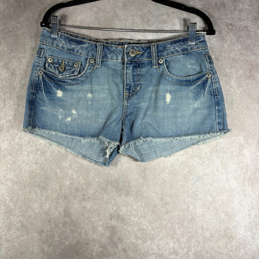 Aeropostale Denim Shorts Womens 7/8 Blue Cut Off Distressed Low Rise Festival